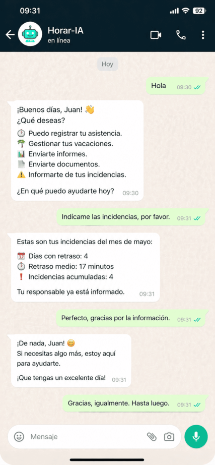 Horar-IA mostrando a Juan sus incidencias del mes de mayo