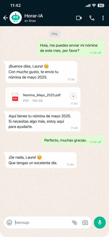 Horar-IA enviando a Laura su nómina de mayo 2025 en PDF