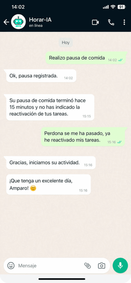 Conversación de Amparo con Horar-IA gestionando pausa de comida